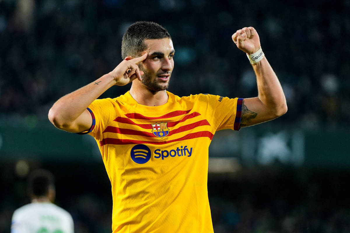 Ferran Torres pictured celebrating after scoring for Barcelona in a 4-2 win at Real Betis in January 2024